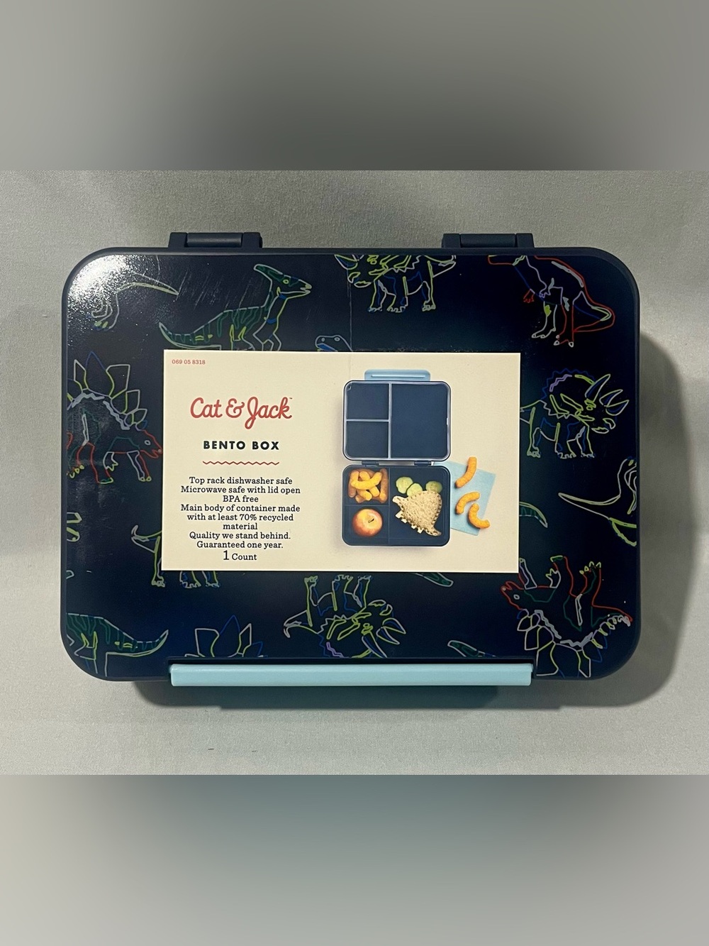 Cat & Jack Navy Lunch Box with Neon Dinosaur Outline Design